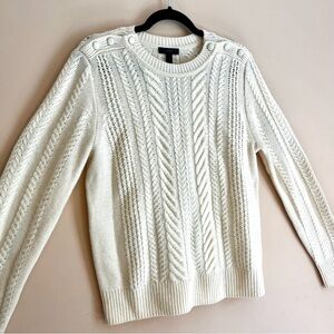 NWT J. Crew Ivory Cable Knit Sweater 100% Wool Button Accents Women's Size L